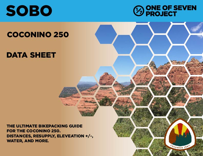 Cover art for the 2025 Coconino 250 SOBO Data Sheet, created for southbound bikepackers navigating the route.
