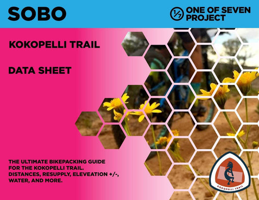 Cover art for the 2025 Kokopelli Trail SOBO Data Sheet, designed for bikepackers navigating the southbound route.
