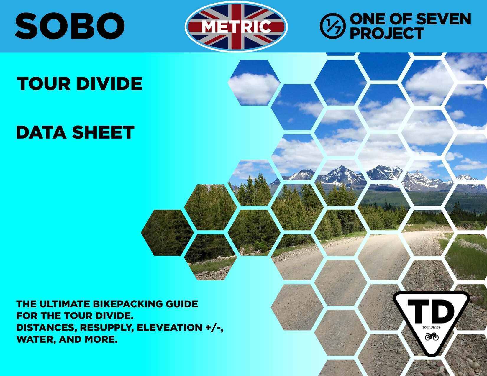 Cover art for the 2025 Tour Divide Metric SOBO Planning Aids Data Sheet with route details for metric users.