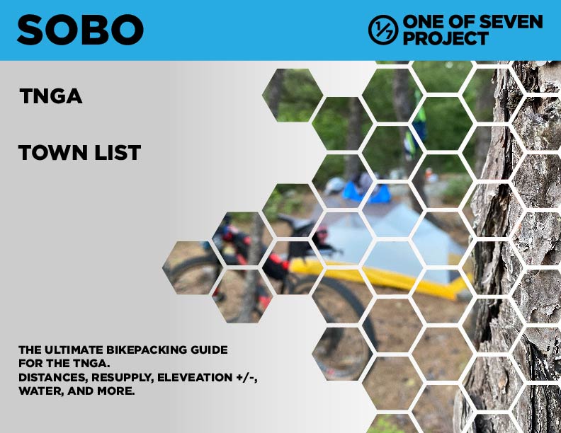 Cover art for the 2025 Trans North Georgia Adventure (TNGA) SOBO Town List, highlighting key stops and resupply points.